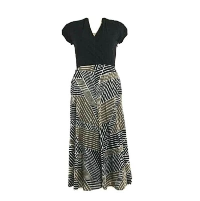 Vestido Talbots 10 Negro Beige Tostado Rayas Maxi Jersey Sobrepelliz Largo Bolsillo Completo Foto 1 de 4