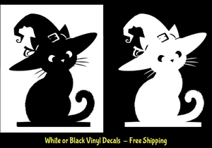 Cute Cat with a Witch Hat 5" Vinyl Decals Black or White Car Truck Window - Picture 1 of 4