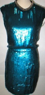 New NWT Designer Rachel Roy NY Dress Sequin Beaded 4 Silk Aqua Blue Sleeveless - Image 1 of 4