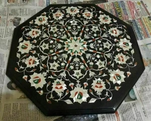 Black Marble Coffee Table Top, Semi Precious Floral Inlay Art, Home Decors - Picture 1 of 3