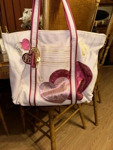 Pre-Loved RARE COACH POPPY METALLIC FUCHSIA PINK/PURPLE HEARTS GLAM TOTE 14551 - Picture 1 of 8