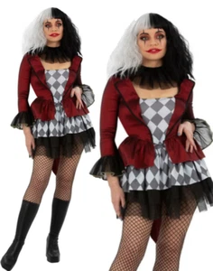 Ladies Evil Jester Costume Adults Halloween Fancy Dress Scary Clown Burlesque - Picture 1 of 6
