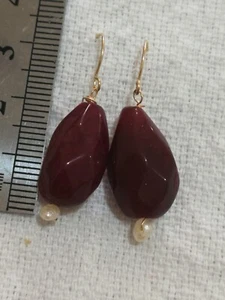 vtg Natural Ruby briolette pear cut solid 9ct gold dangle drop Earrings - Picture 1 of 8