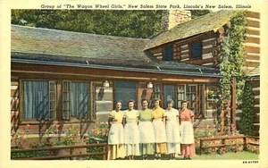 WAGON WHEEL GIRLS, LINCOLN'S NEW SALEM STATE PARK, ILLINOIS, VINTAGE POSTCARD - Picture 1 of 2