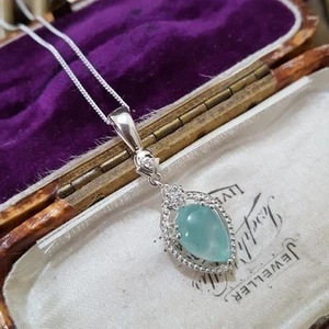 925 Sterling Silver Necklace, Natural Green Aquaprase Pendant, Teardrop Pendant - Picture 1 of 9