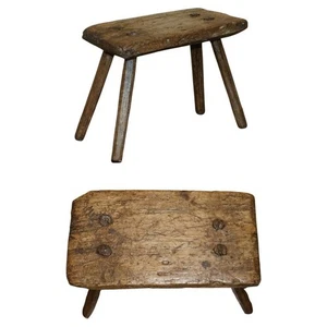 SMALL ANTIQUE 1900 MILKING DAIRY STOOL FOUR HAND CARVED LEGS ORIGINAL PATINA - Picture 1 of 10