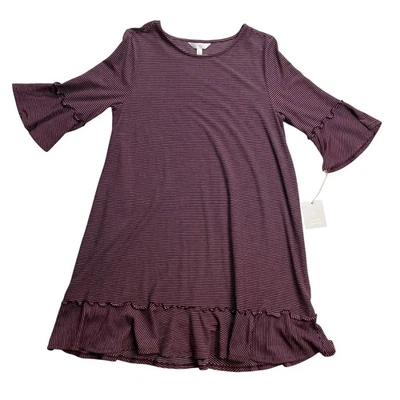 Lauren Conrad Striped Bell Sleeve Ruffle Hem T-Shirt Dress Burgundy White L New - Image 1 of 4