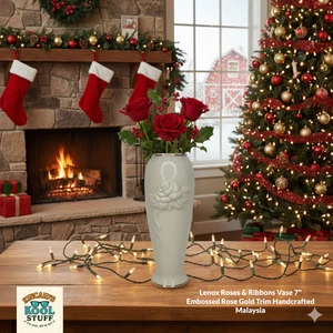 Lenox Rosen & Bänder 24k Goldrand 7 Zoll Große Knospenvase EUC 1989 - Geschenk - Bild 1 von 13