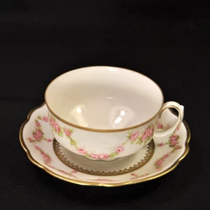 MZ Moritz Zdekauer Cup & Saucer Pink Roses Swags w/Gold & Green Leaves 1884-1909 - Picture 1 of 23