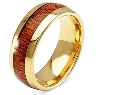 8mm Men Gold Titanium Pure Genuine Dark Hawaiian Koa Wood Wedding Band Ring - Image 1 of 3
