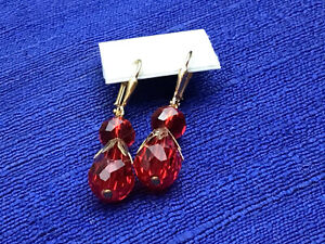Fashion Earrings Faceted Red Glass Gold Pendant Pierced Drop NO OFFERS