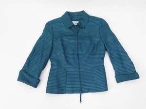 AKRIS Punto Teal Embroidered Silk Striped Blazer Dress Jacket Zip Womens Size 4 - Picture 1 of 5