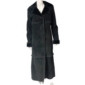Vintage Y2K 2000s Express Black Suede Faux Shearling Long Coat S Small - Picture 1 of 8