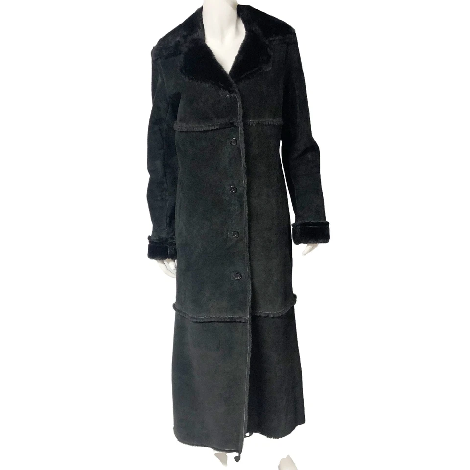 Vintage Y2K 2000s Express Black Suede Faux Shearling Long Coat S Small - Image 1 of 4