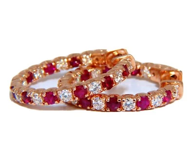 1.95ct natural Ruby diamonds hoop earrings 14kt rose gold inside out+ - Image 1 of 4