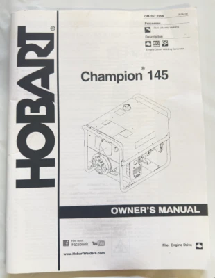 Hobart 145 Champion Saldatore Manuale d'uso OM-267 225A SPEDIZIONE GRATUITA! - Immagine 1 di 4