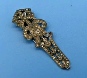Antique Silver Metal Marcasite Scarf Clip Brooch - Picture 1 of 9