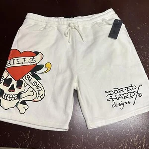 Ed Hardy Huevo Cáscara Blanco Calavera Corazón Gráfico Pantalones Cortos Grandes - Imagen 1 de 6