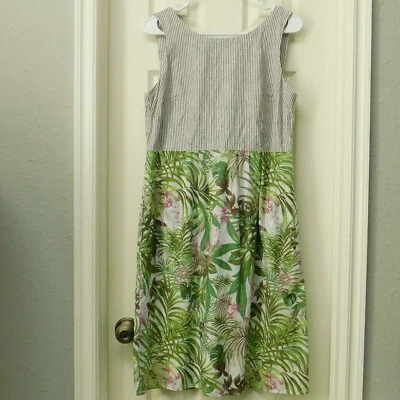 J. JILL Dress Women SP Tan Striped Pink Tropical Floral Linen Cotton Tank Dress - Image 1 of 4