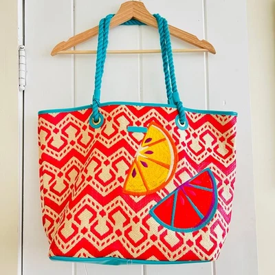 NUEVO CON ETIQUETAS NUEVO Bolso de Mano Vera Bradley Paja Bordado Mango de Cuerda Cítricos Playa Verano Foto 1 de 4