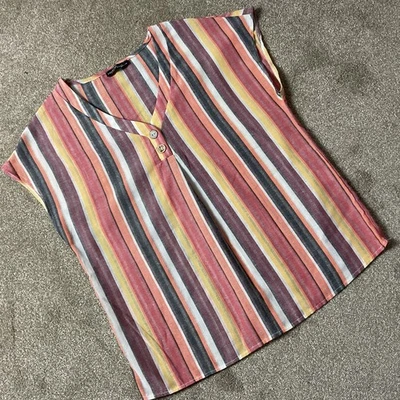 Emery Rose Orange Striped Cotton Blend V-Neck Top Capped Sleeve Blouse Medium - Image 1 of 3