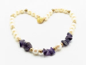 Gold Tone Faux Pearl and Amythest Necklace - Picture 1 of 15