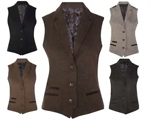 Womens Tweed Herringbone Waistcoat Wool Blend 1920s Formal Vintage Tailored Vest - Picture 1 of 36
