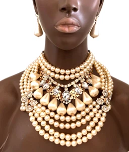 Statement Burlesque Bib Cleopatra Faux Pearls Crystal Chunky Necklace Earrings - Picture 1 of 4