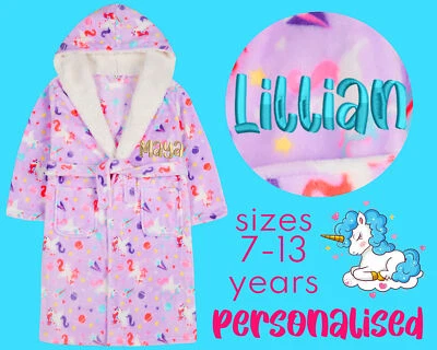 METZUYAN Personalised Kids Girls Dressing Gown Unicorn Hooded Bathrobe Novelty Robe 7-13