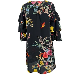 Only Minikleid Gr. 34 Rüschen 3/4 Ärmel Rundhals schwarz Kolibri Blumen P - Bild 1 von 8