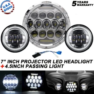 Chrome 85W LED 7'' LED Headlight +  4.5" Halo Passing Lamp For Harley Touring - Picture 1 of 13