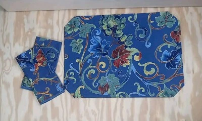 Lote de 2 manteles individuales de jardín azules vintage y 2 servilletas de tela vid y hoja de uva Foto 1 de 4