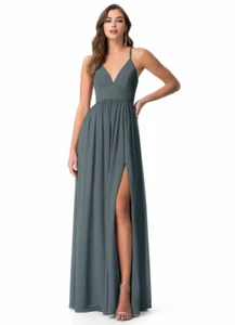 New Azazie Aaida Floor Length Chiffon Bridesmaid V-Neck Dress in Pewter, Size A6 - Picture 1 of 2