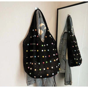 Black Summer Woven Handbag - Hollow Straw Beach Tote with Colorful Beads, Lazy S - Picture 1 of 5