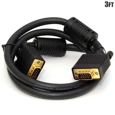 3FT VGA SVGA Male to Male PC Laptop Monitor Video Cable Gold Ferrite Cores - Image 1 of 2