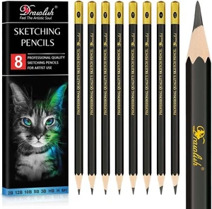 Drawing Pencils Set of 8 12B-6H Sketching Pencils for Artists Premium Soft Wood - Picture 1 of 7