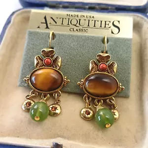 Vintage Antiquities Ornate Semi Precious Stone Drop Earrings Pierced Ears - Picture 1 of 6