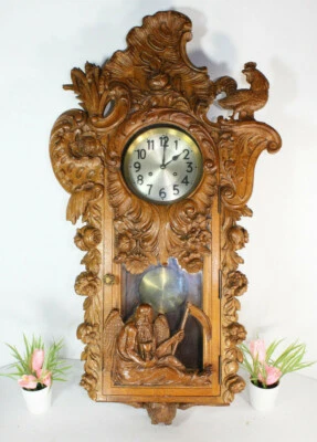 RAre XL Black forest wood carved father time owl rooster junghans wall clock  - Image 1 of 4