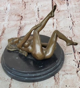 Nude Bronze Sculpture Marble Base Statue Figurine Art Noveau Girl Laying On Rock - Picture 1 of 10
