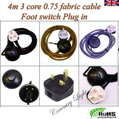 Foot switch Retro 4m 3 core 0.75 fabric cable power cord UK plug for floor lamp - Image 1 of 4