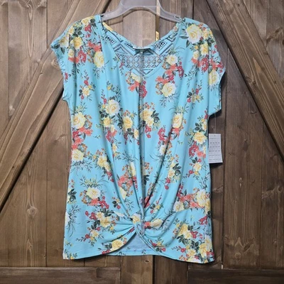 Bobbie Brooks Womens L Lace Back Knot Front Top Necklace Floral Blue Yellow NWT - Imagem 1 de 4