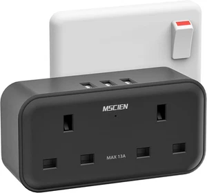 Double Plug Adaptor, Mscien Plug Adapter with 3 USB, 2 Way Plug Extension With - Picture 1 of 12