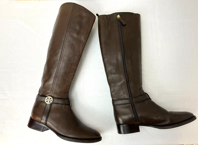 Tory Burch Bristol Brown Leather Tall Equestrian Boot Calf Zip Almond Toe SZ 7 - Image 1 of 4