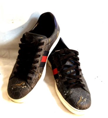 GUCCI ACE Hombre Zapatillas US 13 F Beige Negro Lona Rojo Azul Ribete Motivo Tigre Foto 1 de 4