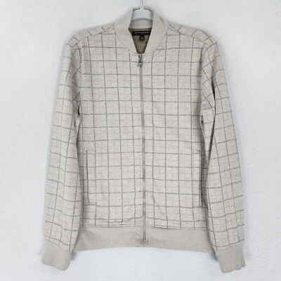 Banana Republic Jacket Mens Small Tan Windowpane Plaid Full Zip Lightweight Knit - Image 1 of 4