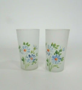 1950's Flower Frosted Glasses, Hand Painted Frosted Beverage Glasses Set of 2 - Picture 1 of 6