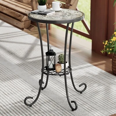Small Indoor & Outdoor Patio  Round End Table With 14" Ceramic Tile, Iron Frame - Image 1 of 2