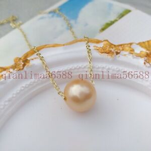 Huge AAA Natural South Sea Golden Round Single Pearl Necklace Pendant 14K Gold P