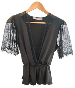 Asos Women's Black Top Wrapover Lace Sleeve Elastic Waist Peplum Silky Size 8 - Picture 1 of 9