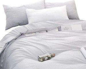 Grau gestreifte Bettbezug Set 100 % Baumwolle Bettwäsche Ticking Streifen 3-teilig Doppelgröße - Bild 1 von 7